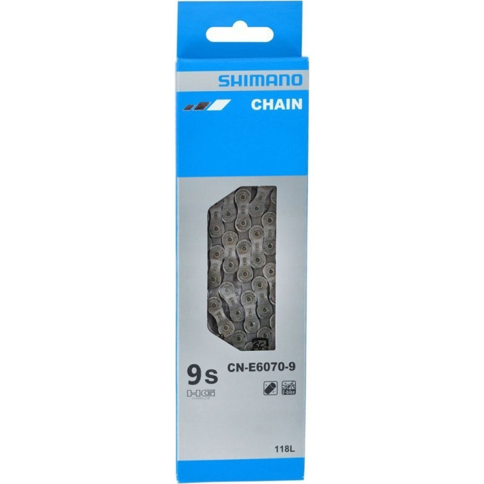 Цепь SHIMANO E6070, для 9 скоростей сзади/1 скорость, спереди, 118 звеньев, для электровелосипедов, с ампульным пином (1шт.)