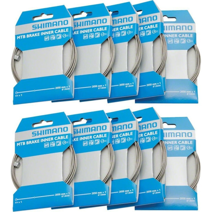 Трос тормозной SHIMANO шоссе/МТБ, 2050 мм, 10 штук, с наконечником, W-END тип, индивидуальная упаковка, Y80098410
